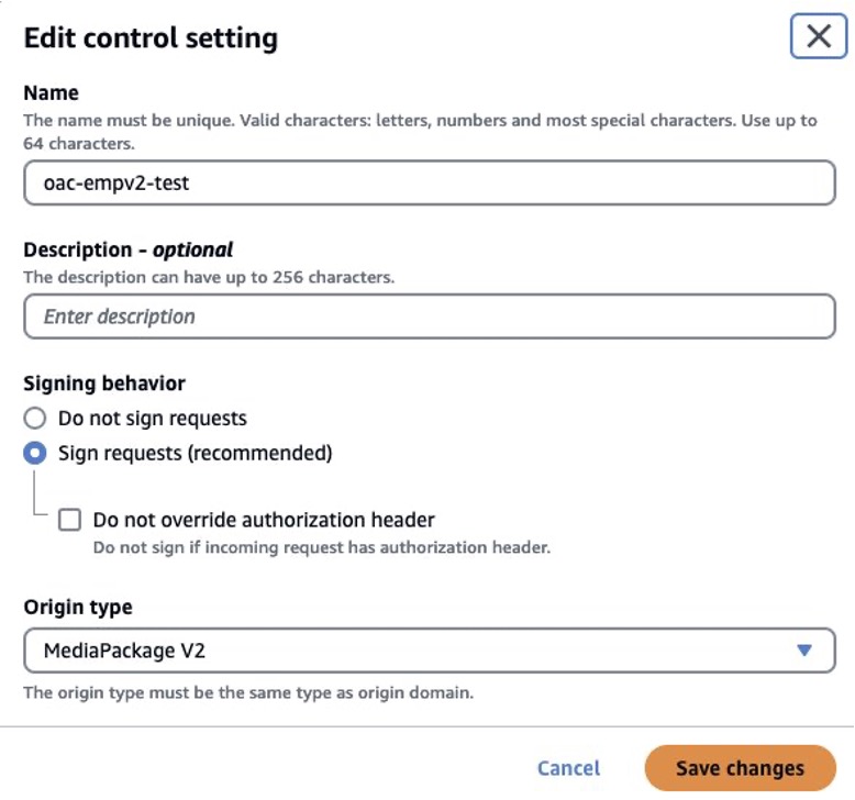 Creating an OAC policy with origin type MediaPackage V2