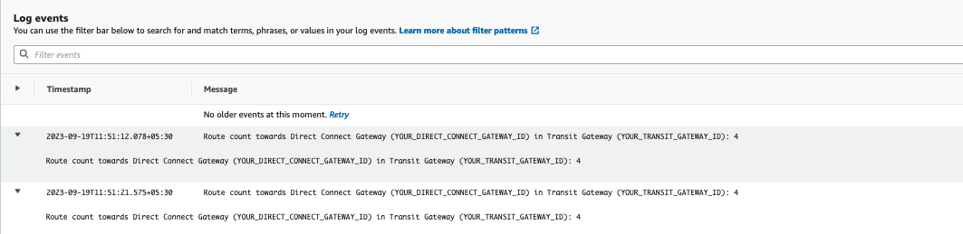 Figure 12: CloudWatch log events for advertised routes on Transit gateway.