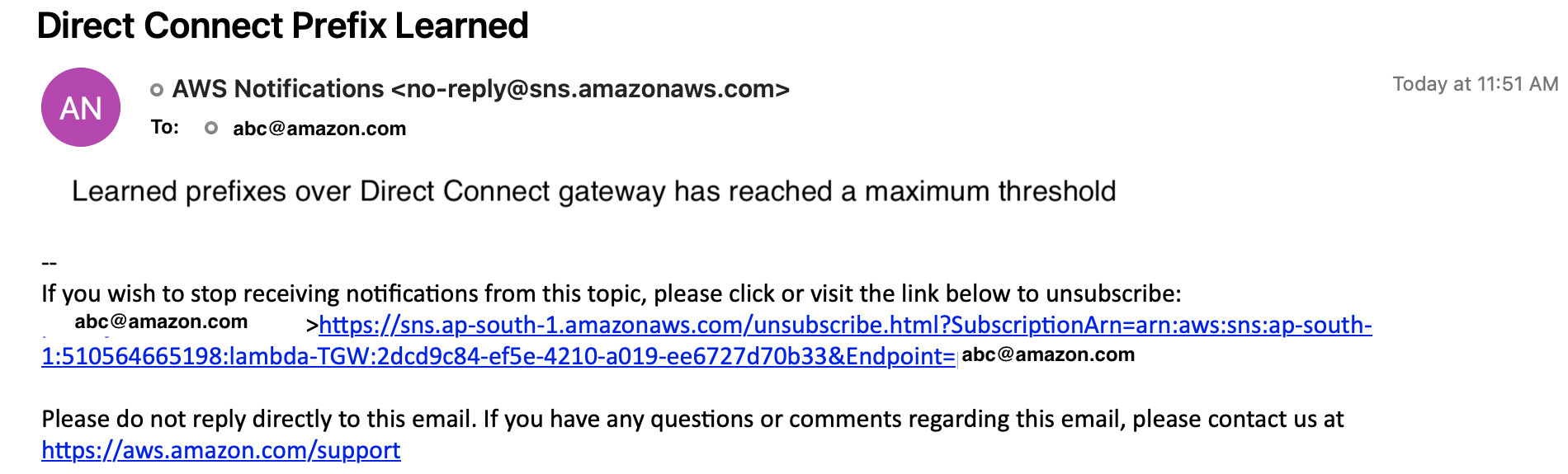 Figure 13: Email Notification for the number of prefixes learned exceeding the threshold.