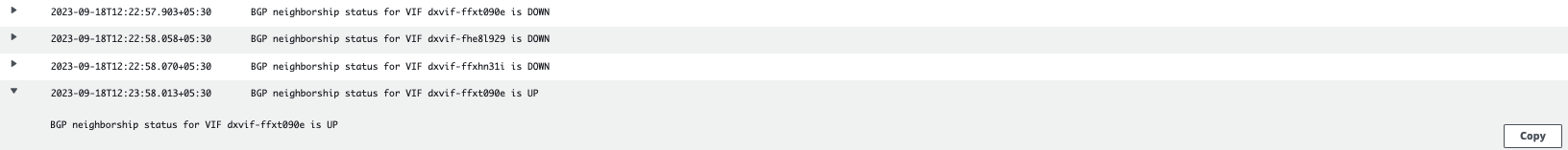 Figure 9: BGP UP status logs in CloudWatch log group.