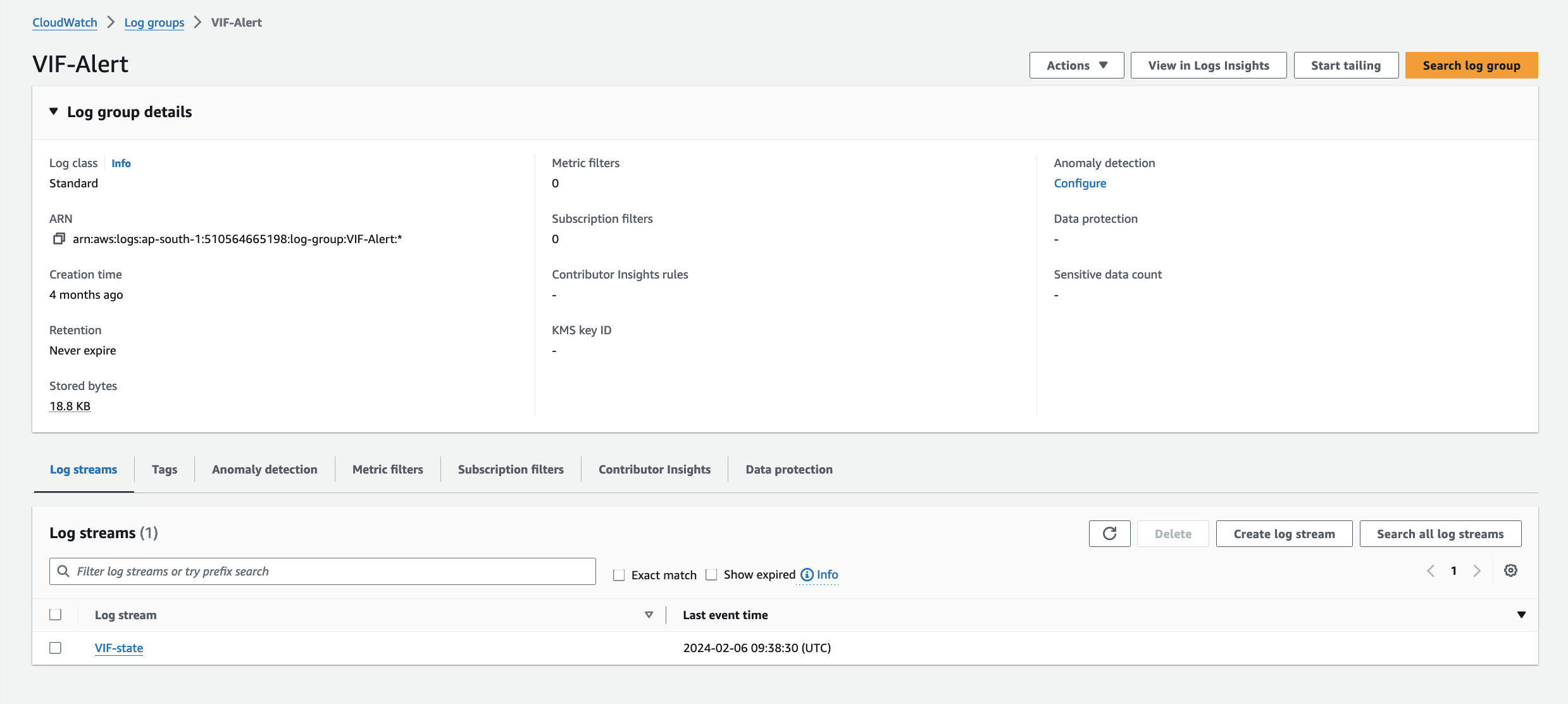 Figure 2: CloudWatch Log Group with a log stream.