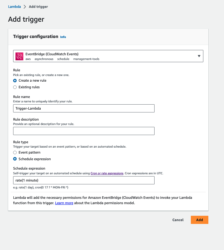 Figure 4: Adding a EventBridge Trigger with a rate 1 minute.