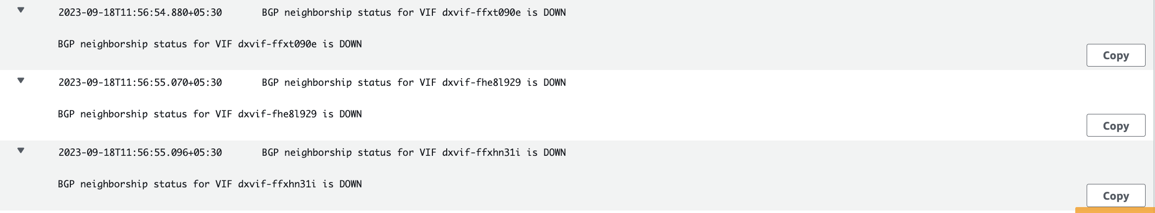 Figure 6: BGP Down status logs in CloudWatch log group.