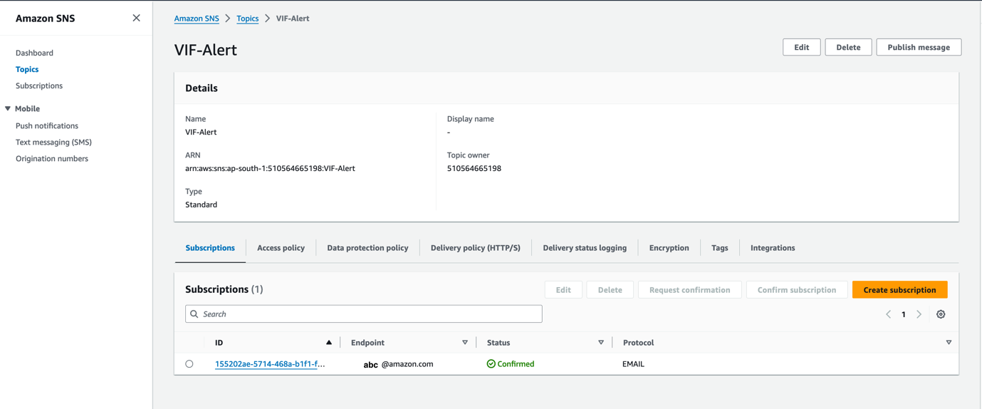 Figure 1: SNS Topic with an Email address Subscription.