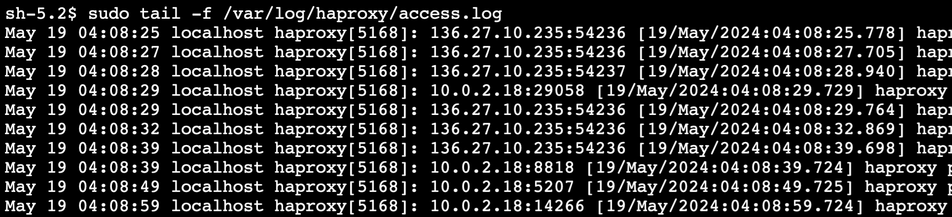 Figure 10: Screenshot of HAproxy access log