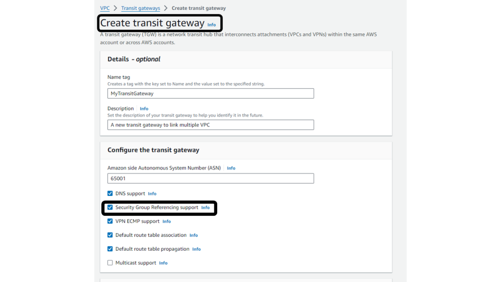 この図では、コンソール上での Transit Gateway レベルのセキュリティグループ参照サポートオプションを示しています。