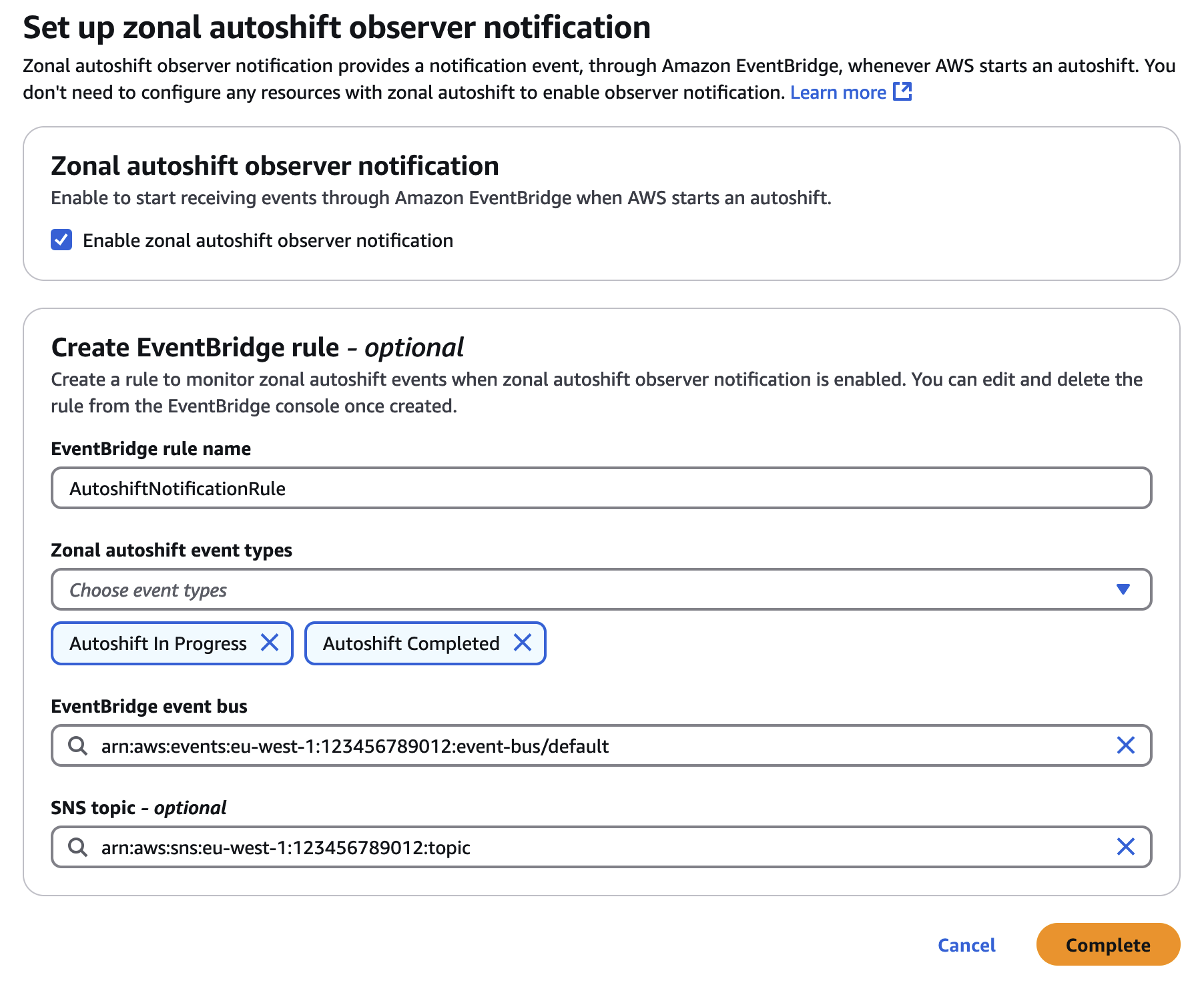 Zonal autoshift observer configuration in the ARC console with an optional EventBridge rule configuration to send Autoshift In Progress and Autoshift Complete messages using Amazon SNS.