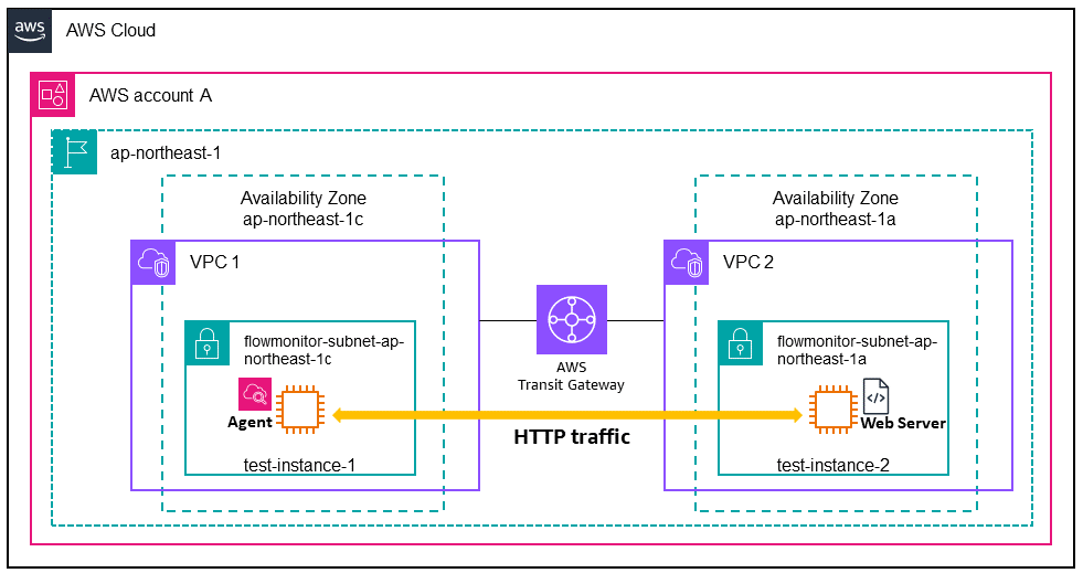 Figure 3. Agent collects data for HTTP traffic flows between an instance in VPC 1 and a web server in VPC 2