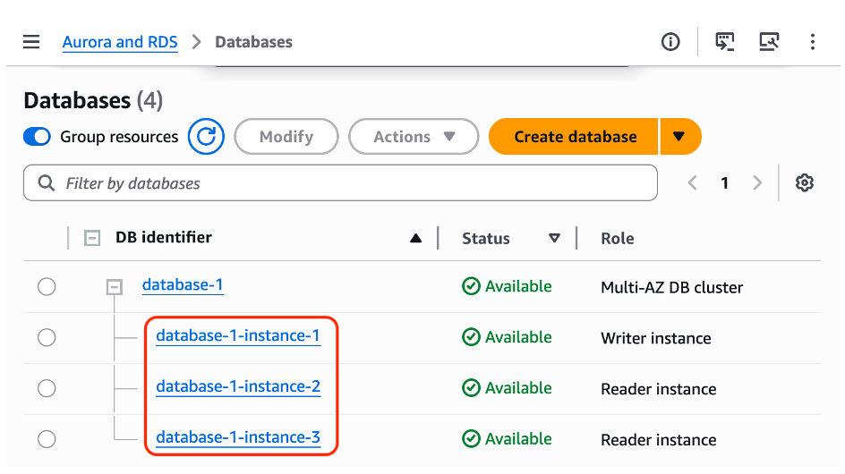 图 3: Amazon RDS 控制台显示 Amazon RDS MySQL 多可用区集群