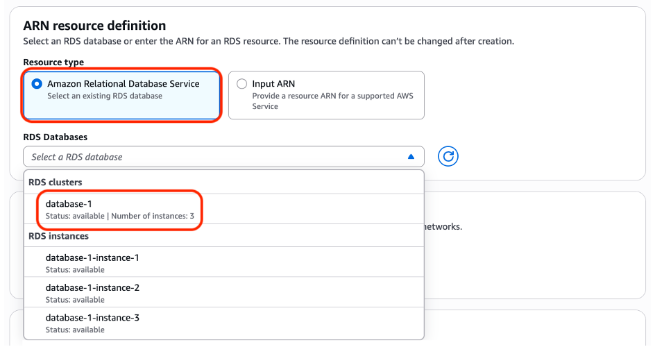 图 7: 资源类型 Amazon Relational Database Service,然后添加 Amazon RDS 集群