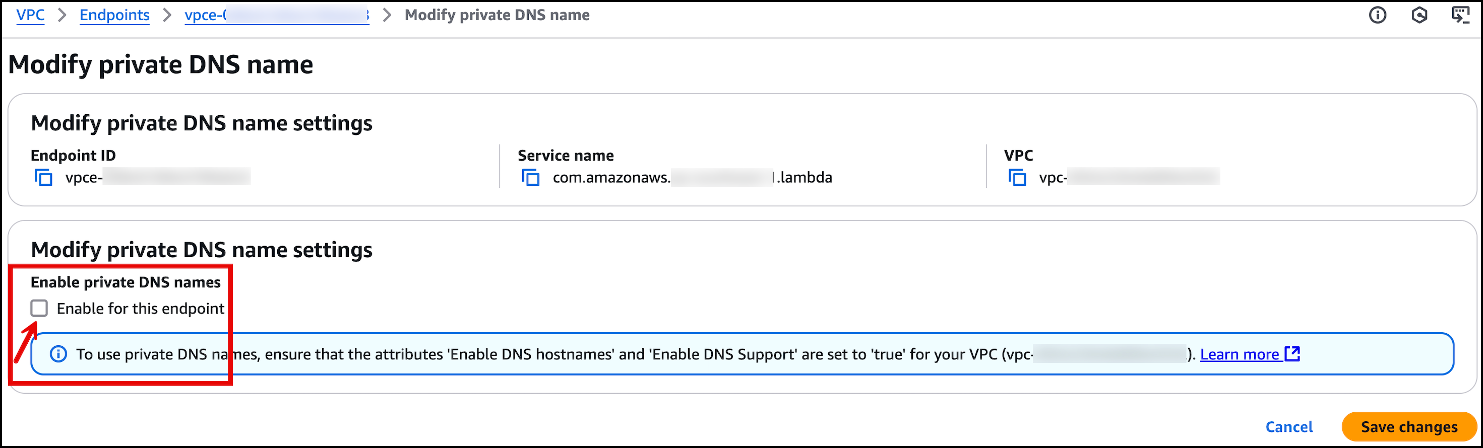 AWS 管理控制台中显示的 Private DNS 名称设置