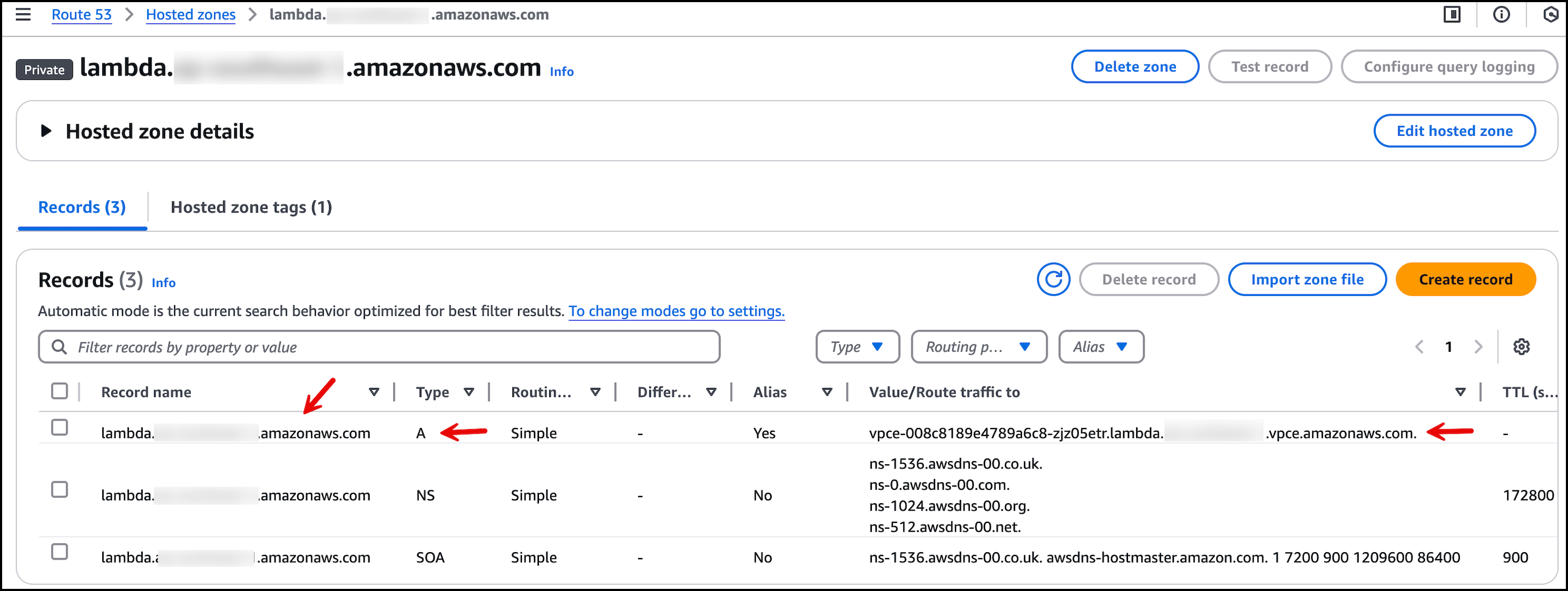 AWS 管理控制台中显示的自管理的 PHZ