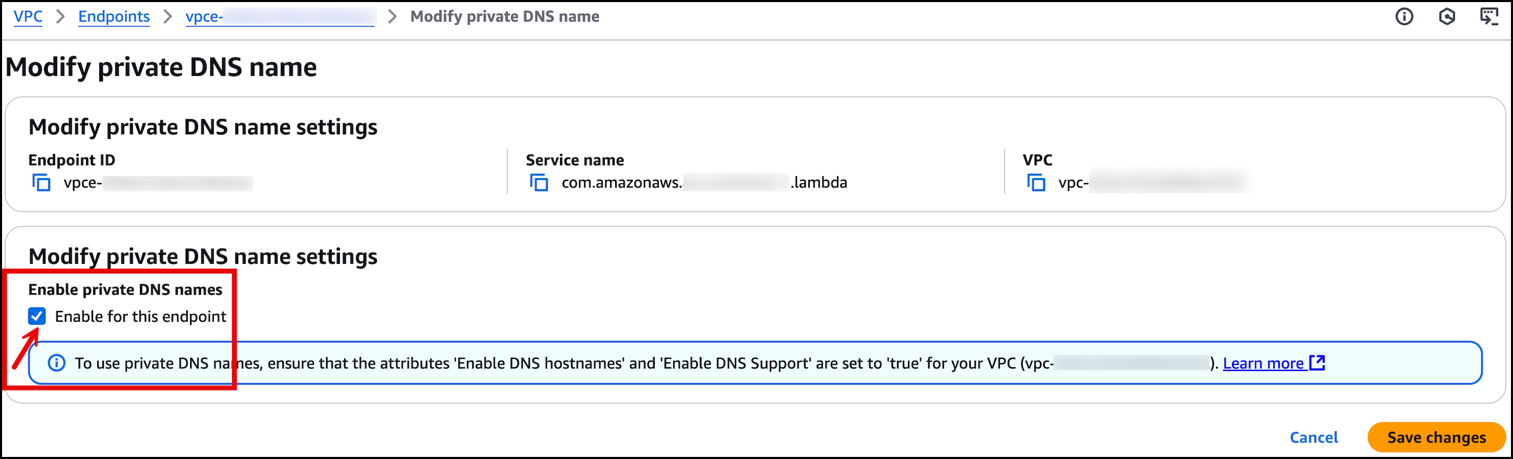 AWS 管理控制台中显示的启用 Private DNS 名称设置