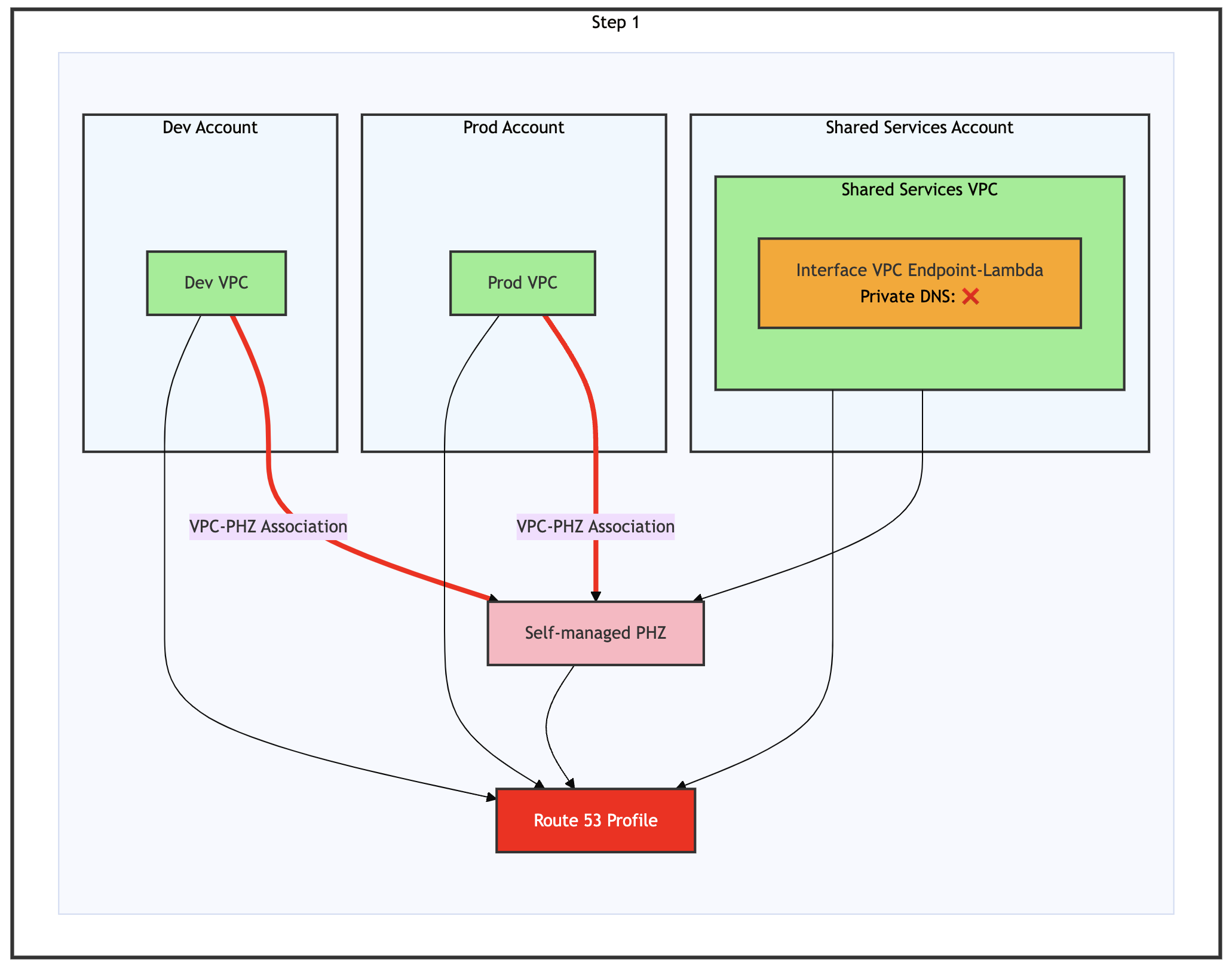 迁移过程的步骤 1 – Dev 和 Prod VPC 与自管理的 PHZ 关联