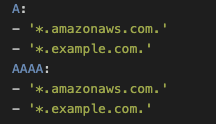 一个 YAML 配置片段,定义了特定域允许的 DNS 记录类型。A 记录类型允许 *.amazonaws.com. 和 *.example.com.,AAAA 记录类型也允许 *.amazonaws.com. 和 *.example.com.。