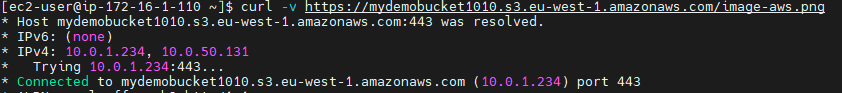 Figure 9: Terminal curl getting data from remote AWS Region bucket using private connectivity