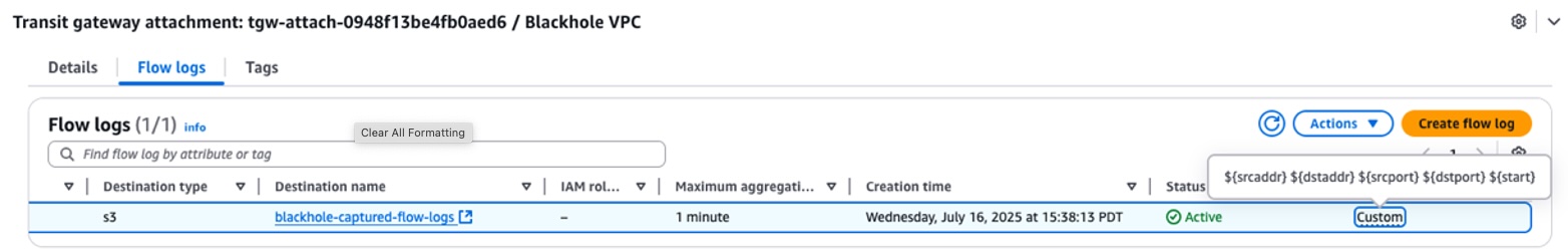Transit Gateway flow logs with custom format captured at the blackhole VPC attachment level
