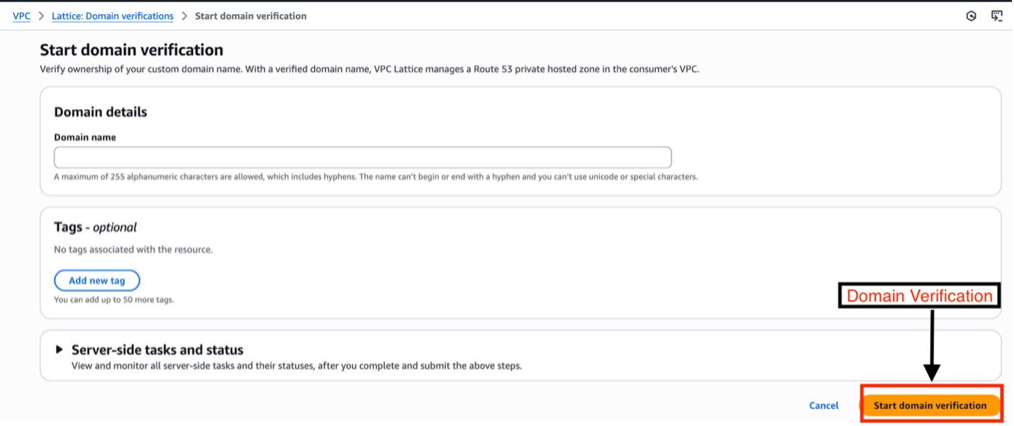 Figure 1 shows how to start the domain verification process using the AWS Management Console