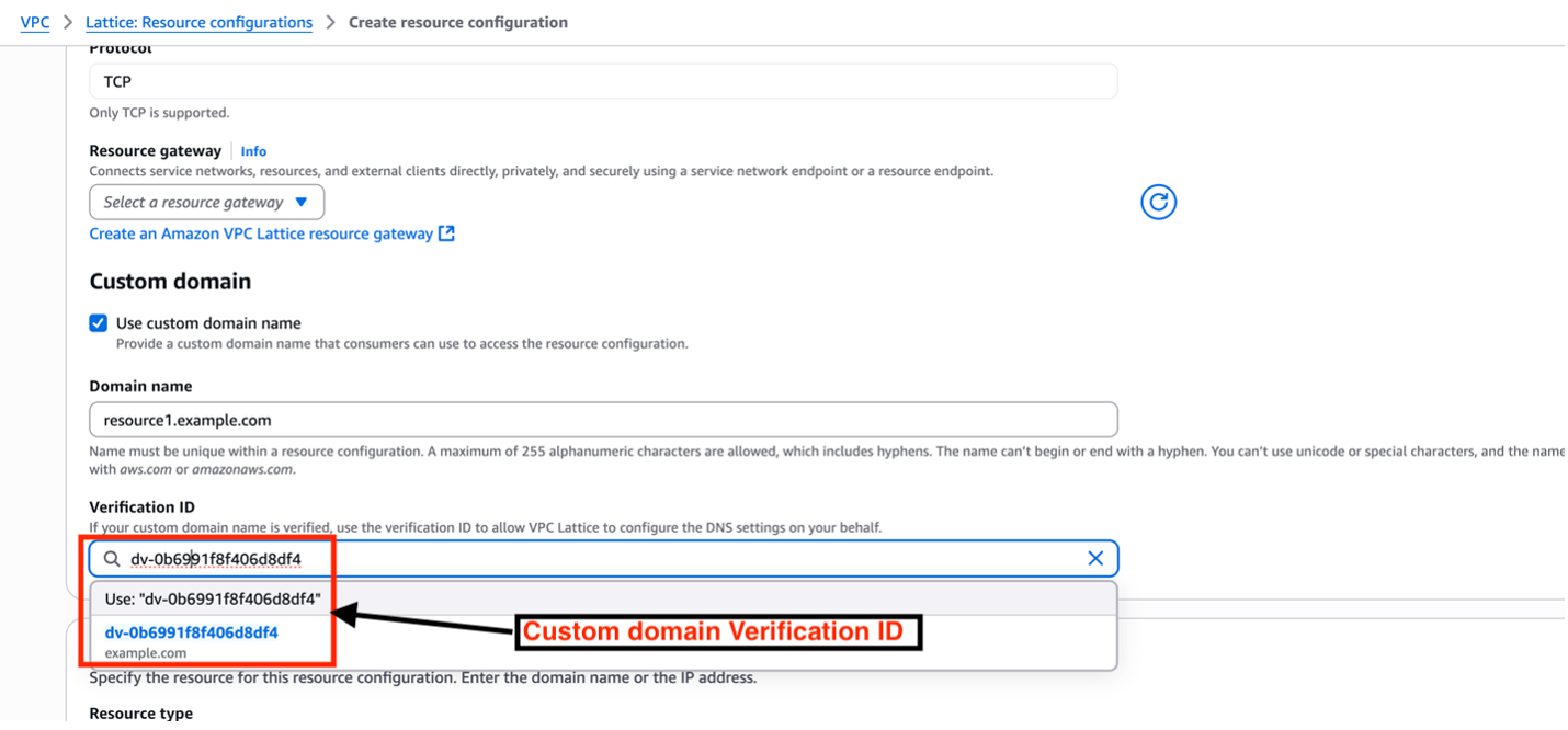 Figure 4: Shows how to specify a custom domain name and verification ID for a resource configuration