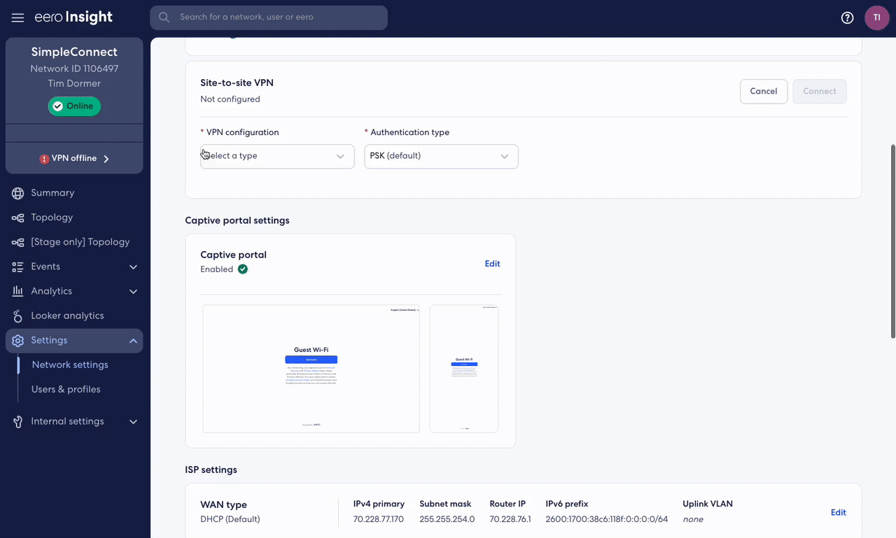 GIF showing eero Insight dashboard process on how to create a VPN connection to an AWS Transit Gateway. The VPN is created in the Oregon AWS Region.