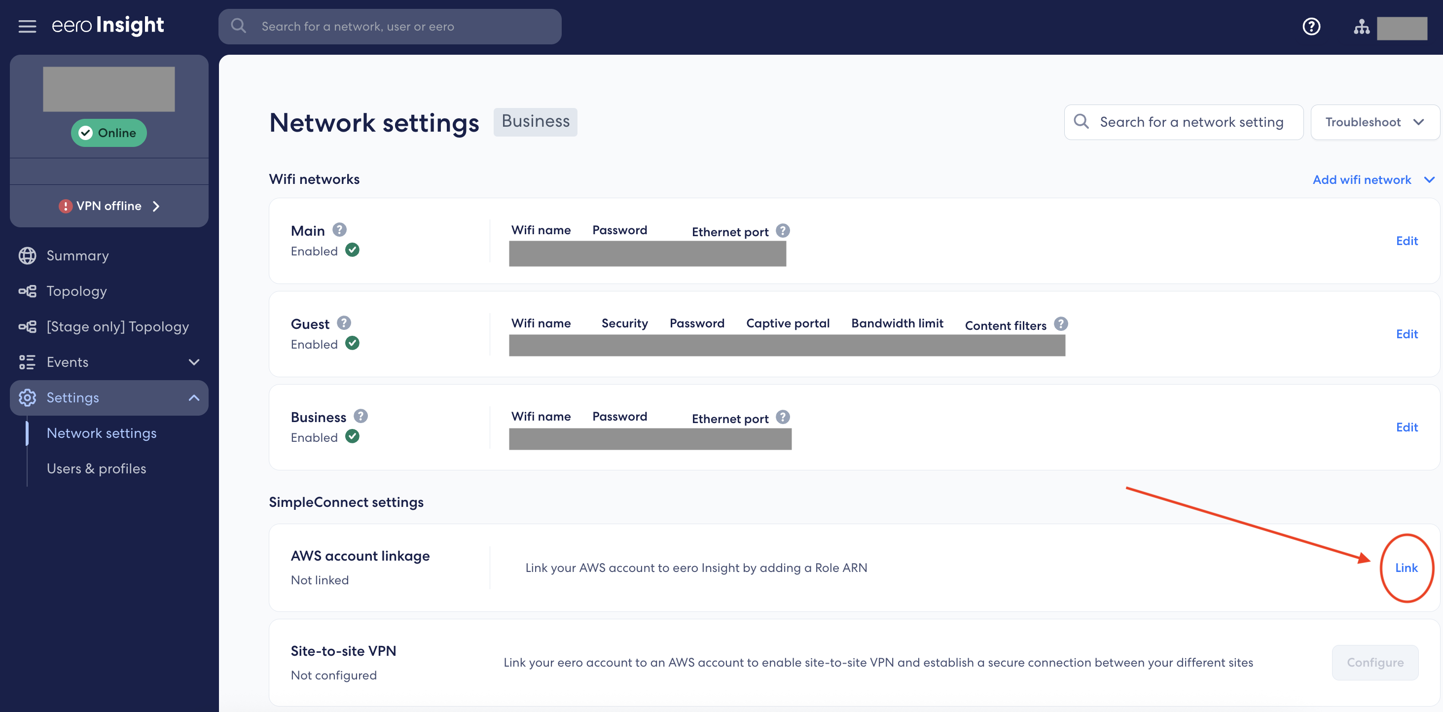 View of the eero Insight dashboard, in the last step linking the eero network with the AWS account. In this step, users can paste the IAM role ARN created in their AWS console, and click “Link account” to finalize the process.