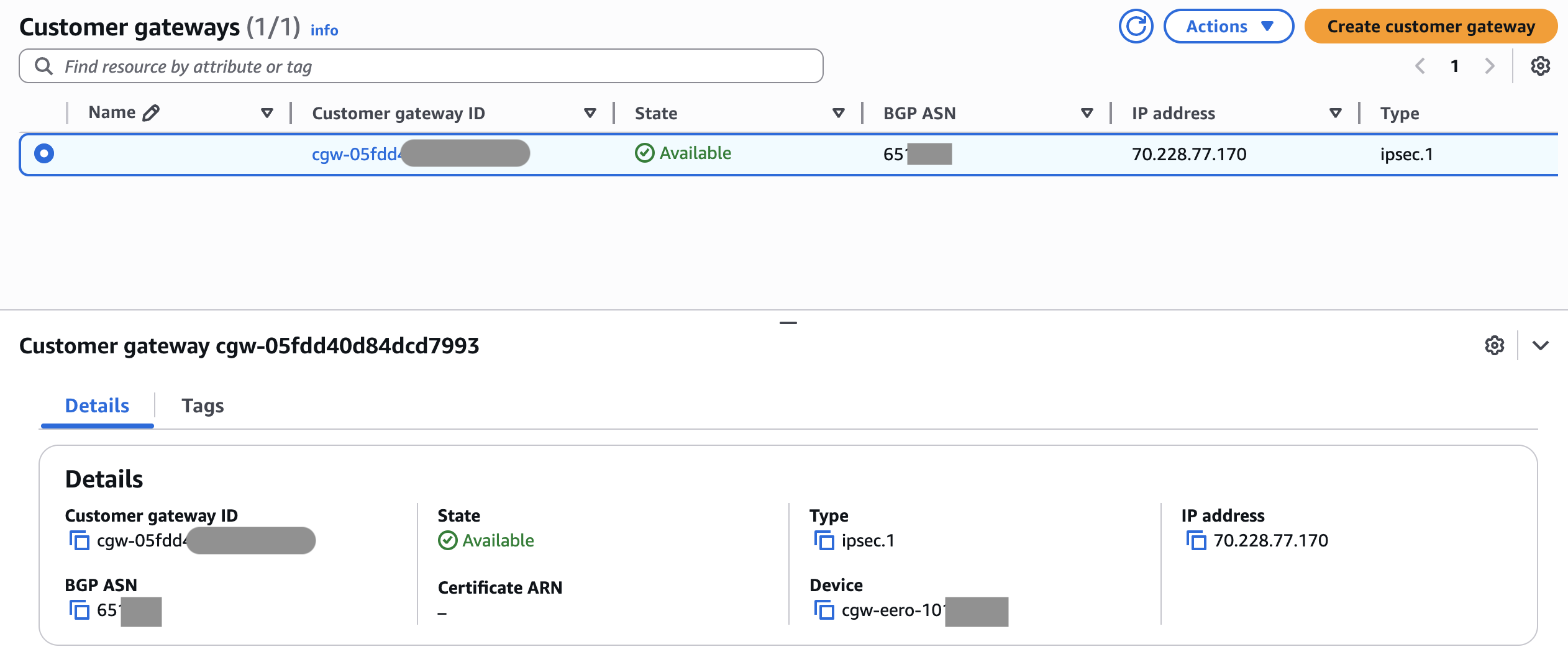 View of the AWS Management Console, showing the Customer Gateway created thanks to the eero integration. The customer gateway is using the 65100 private ASN, and the static public IP assigned to the remote site.