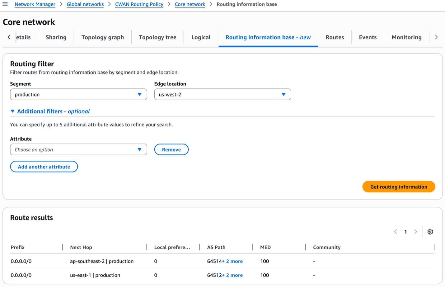 Figure 17: RIB view, before Routing policies are applied