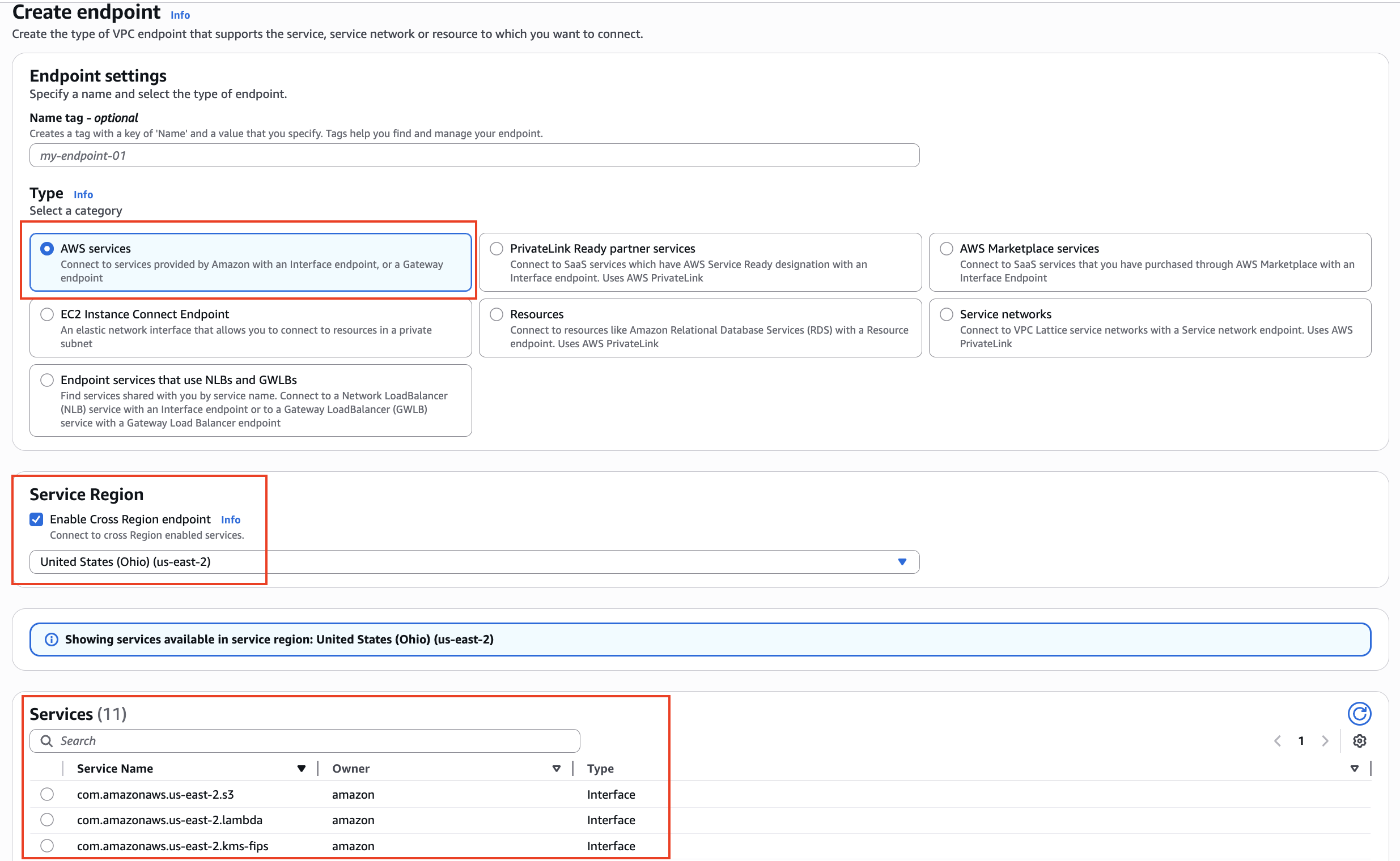 AWS Console UI for configuring Cross Region PrivateLink