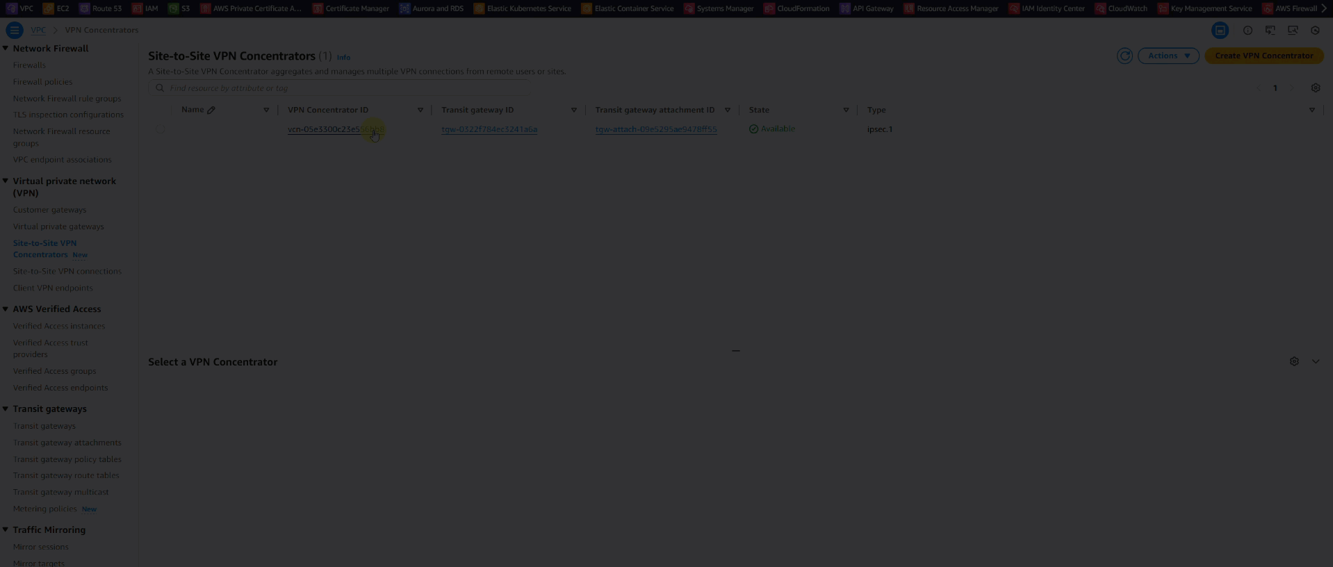 Transit Gateway route table configuration and results from ping test