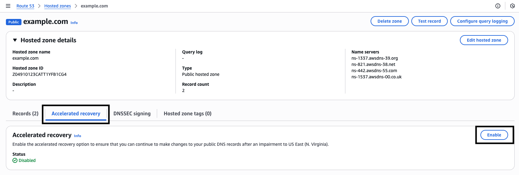 Figure 3: Accelerated recovery option for a public hosted zone