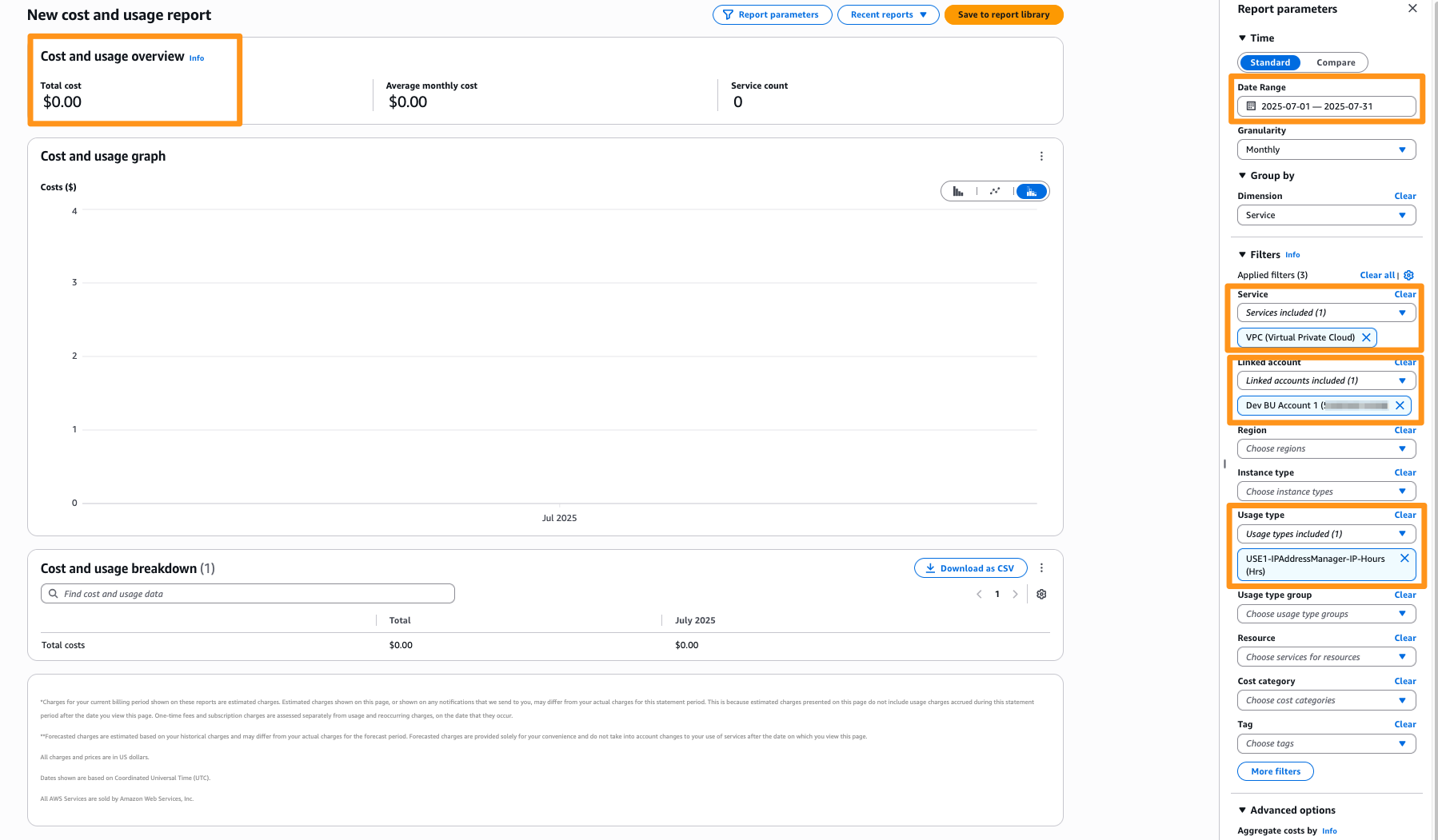 Figure 3: No IPAM usage for member account before enabling cost distribution