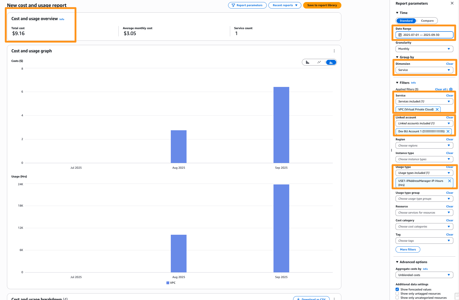 Figure 5: Member account view—IPAM cost and usage graph shown in AWS Cost Explorer for Dev BU Account 1