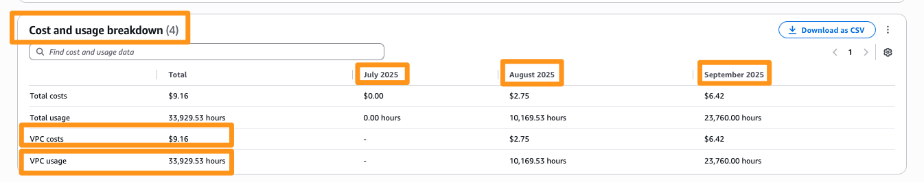 Figure 6: IPAM cost and usage breakdown for Dev BU account 1 member account