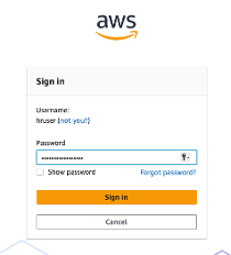 AWS sign-in page with username field (filled), password field (masked), "Show password" checkbox, "Forgot password?" link, orange "Sign in" button, and "Cancel" button.