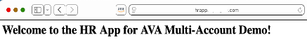 Browser window displaying "Welcome to the HR App for AVA Multi-Account Demo!" header with navigation controls.