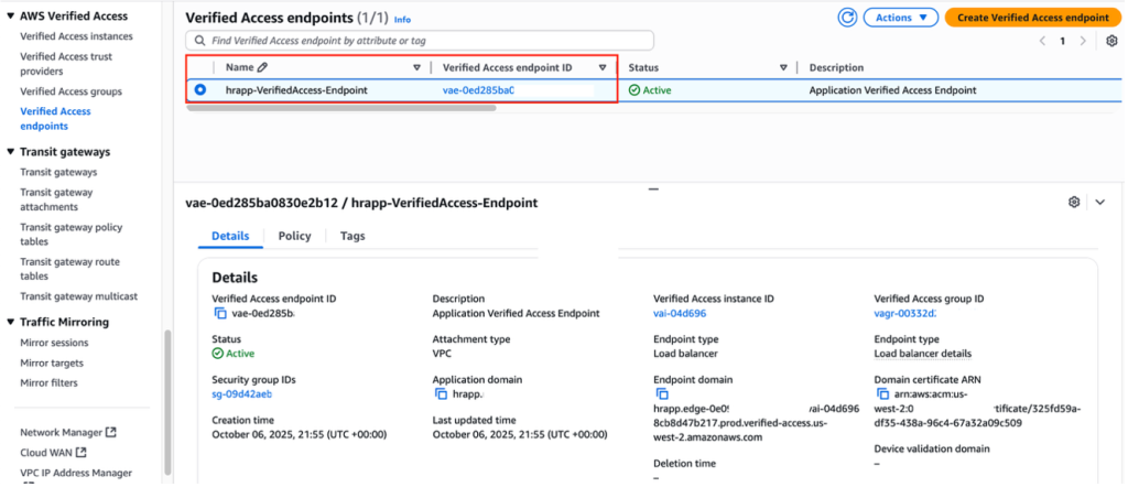 AWS Verified Access endpoint configuration interface showing the hrapp-VerifiedAccess-Endpoint with Active status, displaying endpoint details including VPC attachment, load balancer configuration, and associated security settings. 