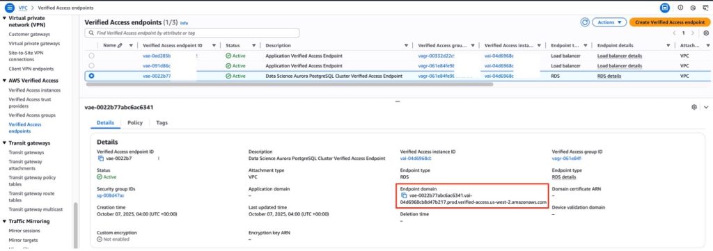 AWS VPC Verified Access endpoints management console showing a list of three active endpoints with detailed configuration view for a Data Science Aurora PostgreSQL Cluster endpoint, including its ID, status, security settings, and endpoint domain.