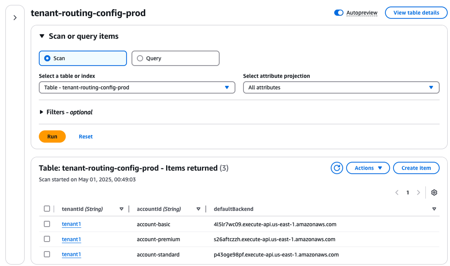 Screenshot showing a DynamoDB table named ‘tenant-routing-config-prod’ with details such as ‘Scan or query items’, ‘Select a table or index’, 'Select attribute projection', 'Filters -optional' and ‘Table items’. This is to create a DynamoDB table.
