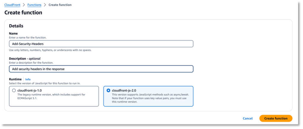 Enter a name, description, and select the runtime for the function