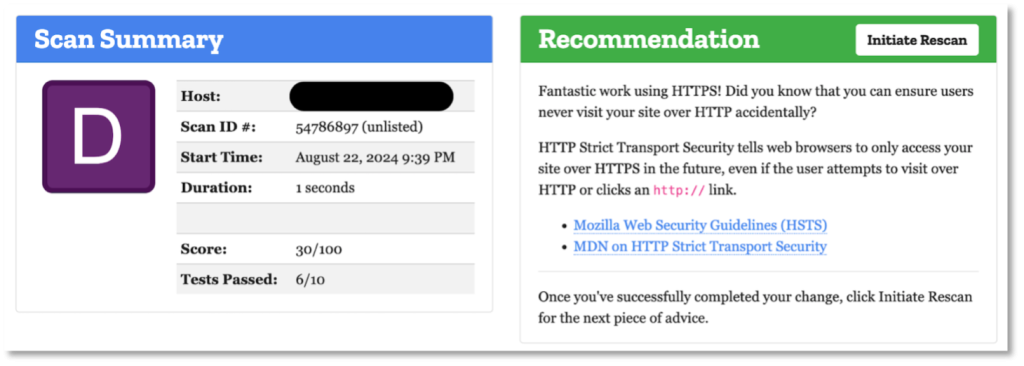 Mozilla Observatory rating before adding the security headers