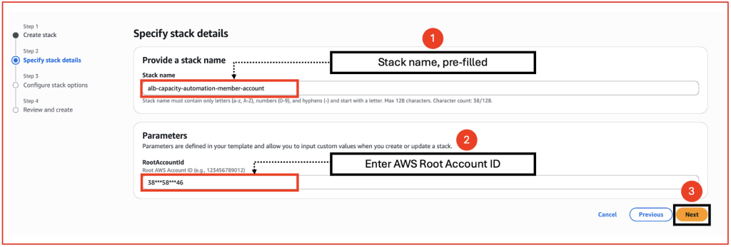 CloudFormation stack configuration screen with pre-filled parameters