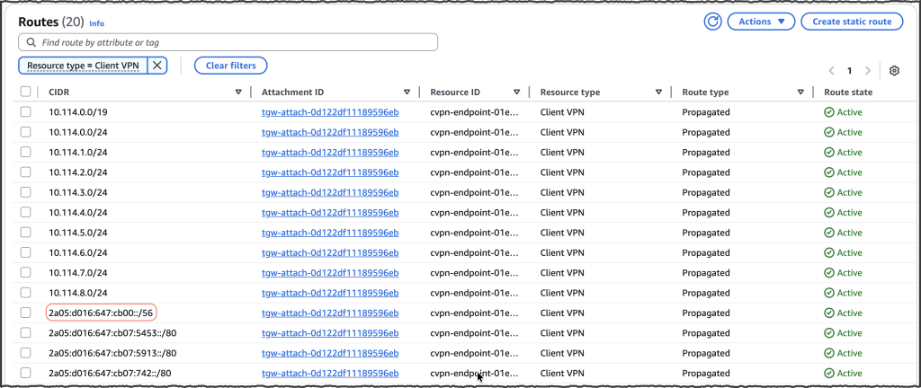 AWS Transit Gateway route table with propagated routes from the AWS Client VPN endpoint attachment