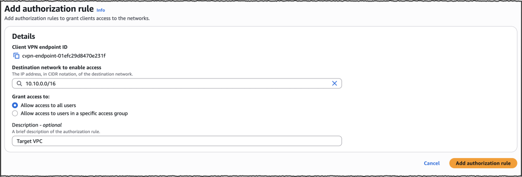 Add authorization rule to grant users access to destination networks