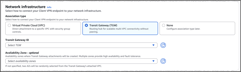Amazon VPC console showing AWS Transit Gateway selection during endpoint creation