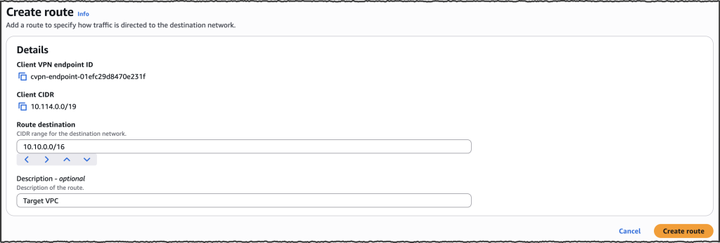 Creating an AWS Client VPN route to specify destination CIDR blocks accessible to clients