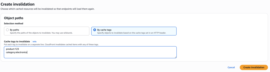Create invalidation by cache tags
