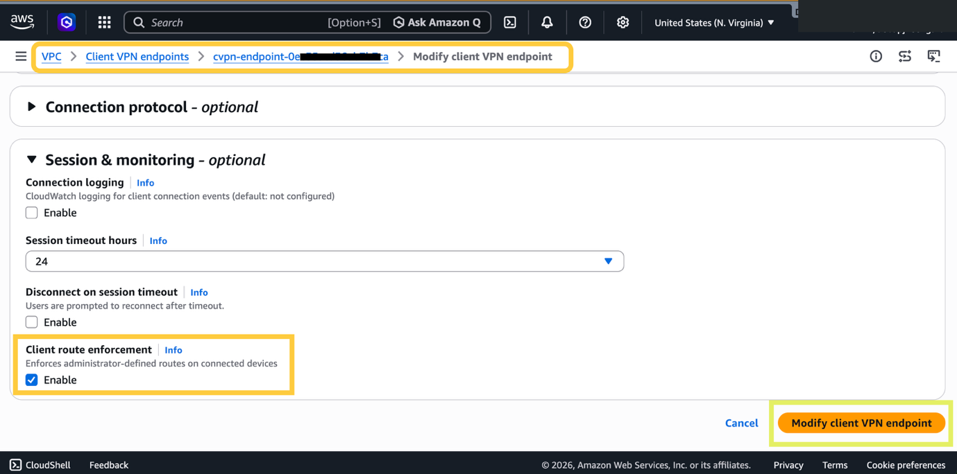 Enabling Client VPN Route Enforcement for existing Client VPN endpoint