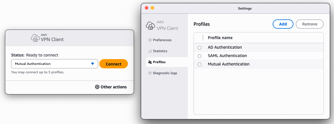Client VPN profile management panel