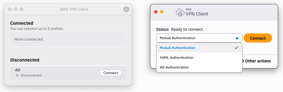 Previous AWS Client VPN desktop application (left) and redesigned application (right) 