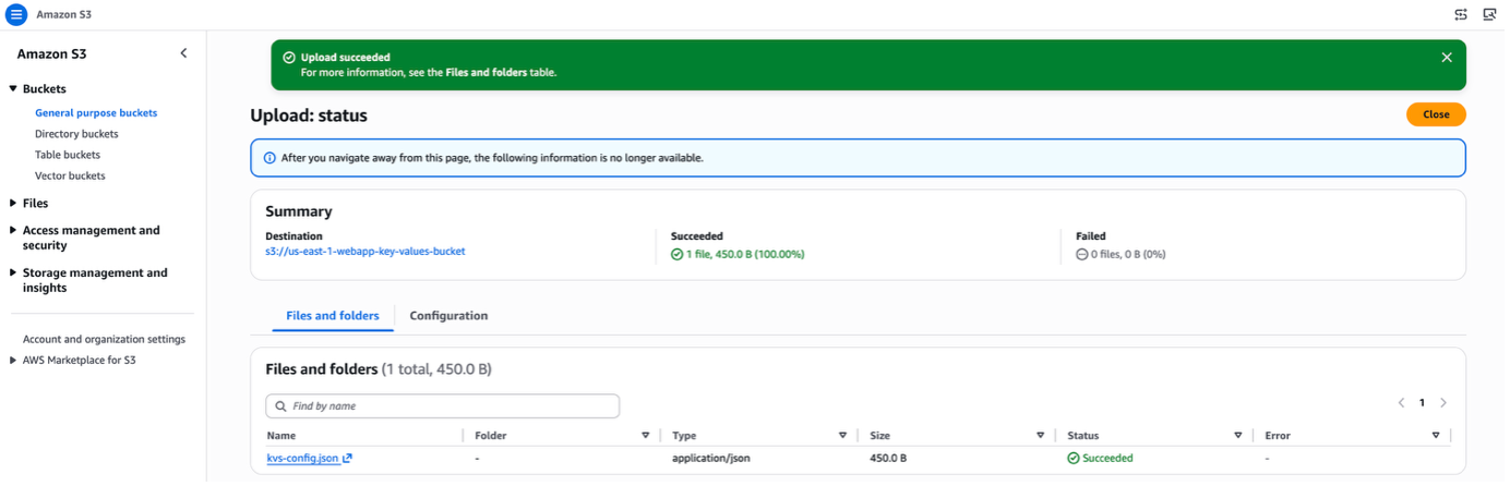 Amazon S3 console screenshot showing a JSON configuration file being uploaded to a bucket